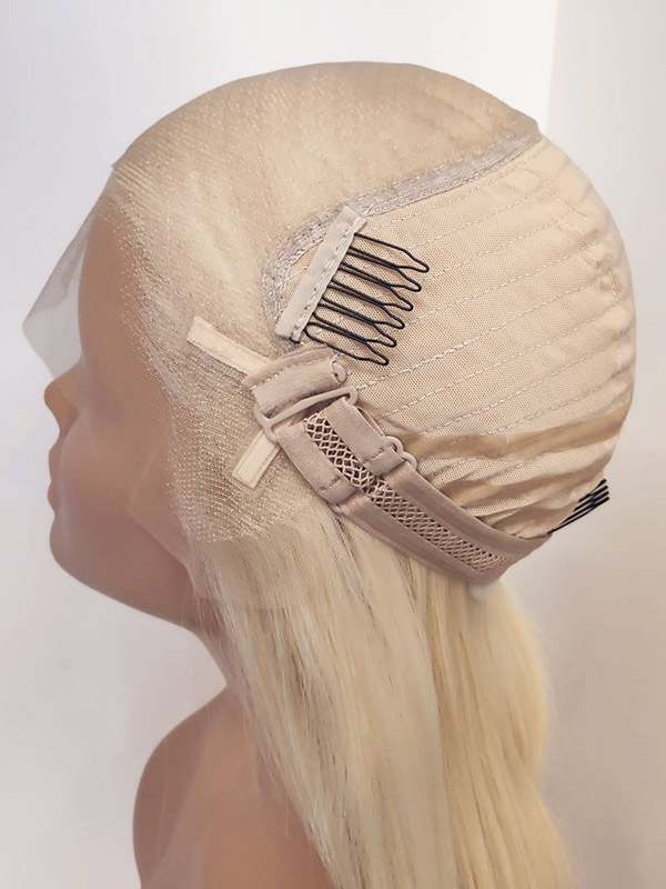 Glueless stretchy wig cap construction with lace ear tabs.