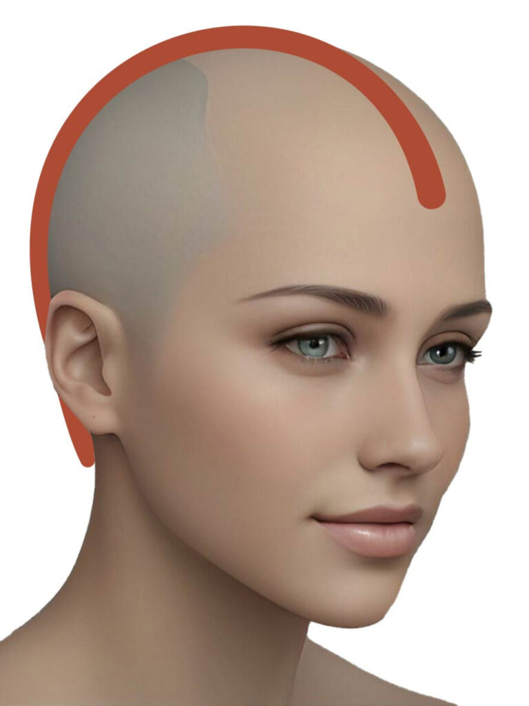 Mannequin head in side view with a red line indicating the head circumference measurement above the forehead.