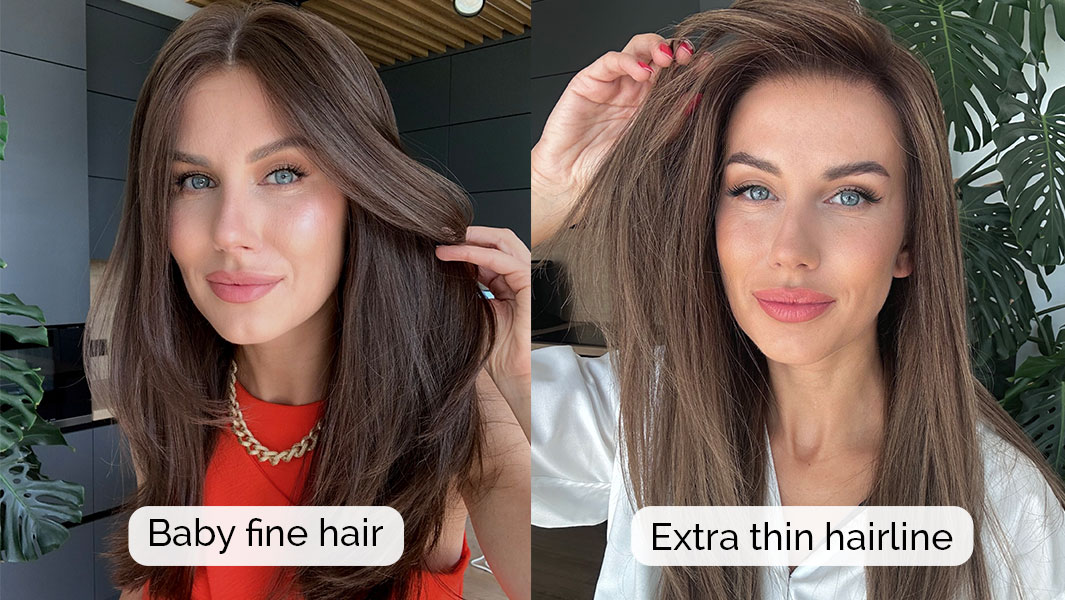 A collage of two photos of women wearing wigs, one with a baby fine human hair wig and the other with an extra thin hairline wig.