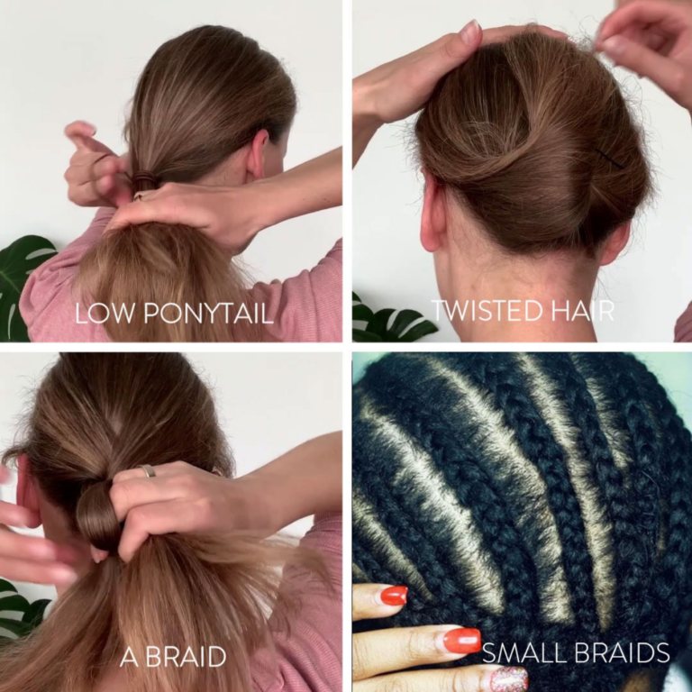 Recommended hair styling methods for wearing under a wig, including a low ponytail, twisted hair, a braid, and small braids.