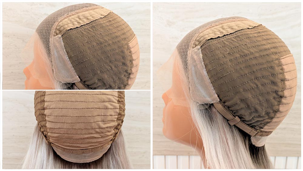 Lace Front wig cap construction with a lace top wig design, shown from different angles to highlight the lace top area and structured back.