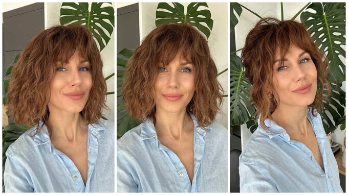 Curly medium brown wig (long layered bob)