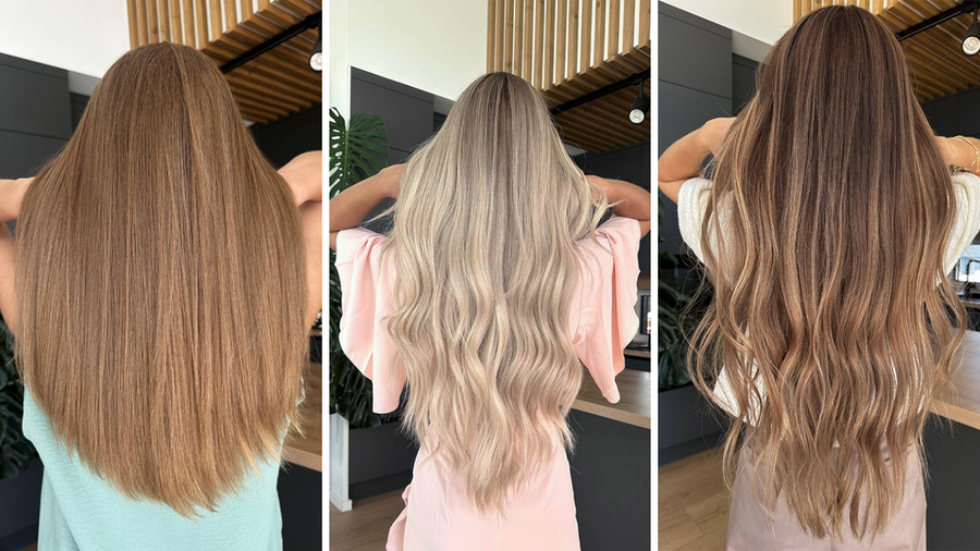 Different types of wigs shown from the back, including long straight light brown hair, wavy blonde hair and wavy highlighted brown hair.