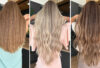 Different types of wigs shown from the back, including long straight light brown hair, wavy blonde hair and wavy highlighted brown hair.