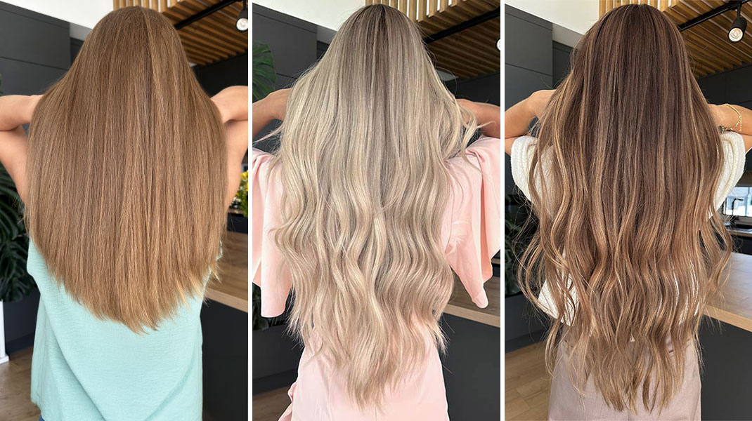 Different Types of Wigs: Cap, Hair Quality and Fit 1 Different types of wigs shown from the back, including long straight light brown hair, wavy blonde hair and wavy highlighted brown hair.