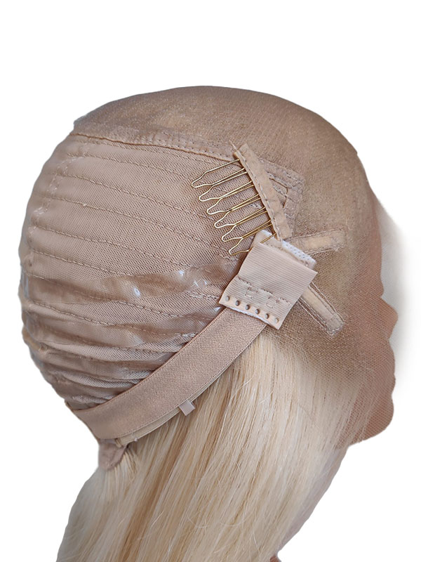 Close-up view of Extra Thin Hairline Glueless wig cap construction, showing a glueless stretchy cap with a wefted back, adjustable elastic band, and thin lace.