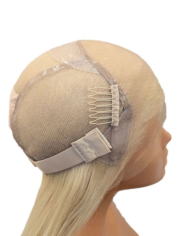 Close-up view of Extra Thin Hairline Glueless wig cap construction, showing a glueless stretchy cap with a fully hand-tied back and thin lace.