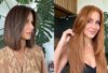 Glueless wig vs lace front comparison featuring two pictures of a woman wearing glueless lace front human hair wigs, one with a shoulder-length brown bob and the other with long straight copper-red hair.
