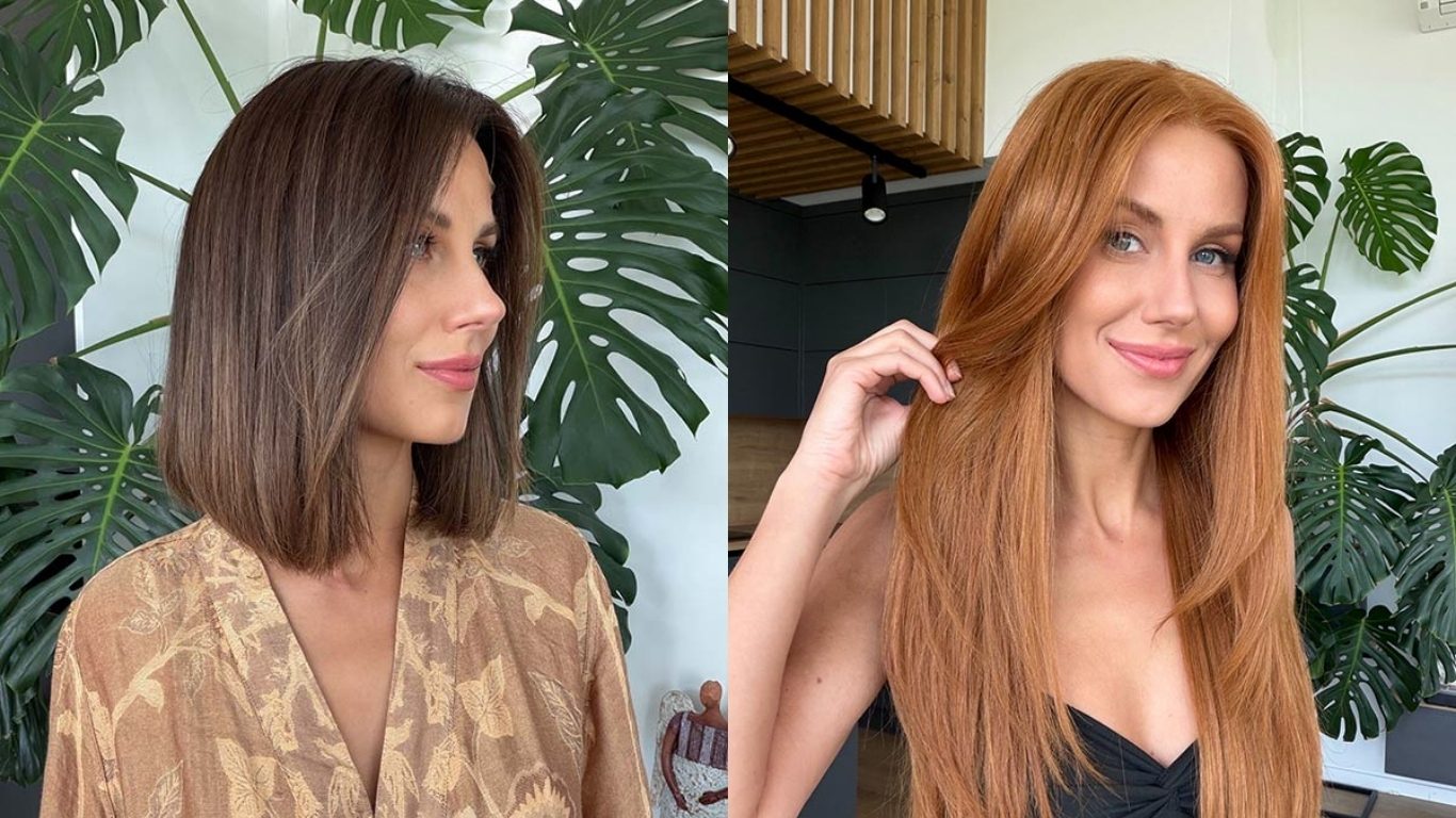 Glueless wig vs lace front comparison featuring two pictures of a woman wearing glueless lace front human hair wigs, one with a shoulder-length brown bob and the other with long straight copper-red hair.