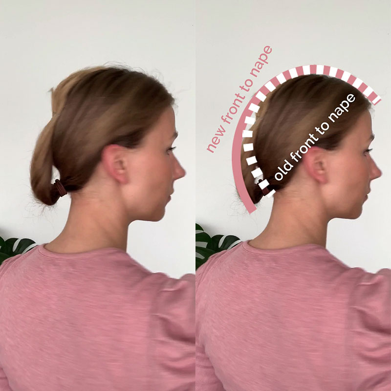 Front-to-nape measurement shown over styled hair, illustrating how hair preparation affects wig fit.