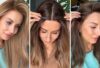 Three close-up views of a woman wearing one of the most natural looking wigs, showing the hairline, centre parting and root volume.