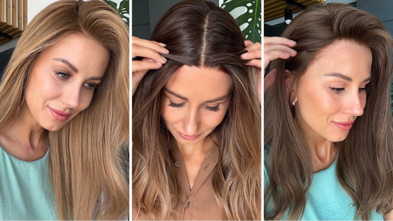 Most Natural Looking Wigs: What Creates a Realistic Result? 1 Three close-up views of a woman wearing one of the most natural looking wigs, showing the hairline, centre parting and root volume.