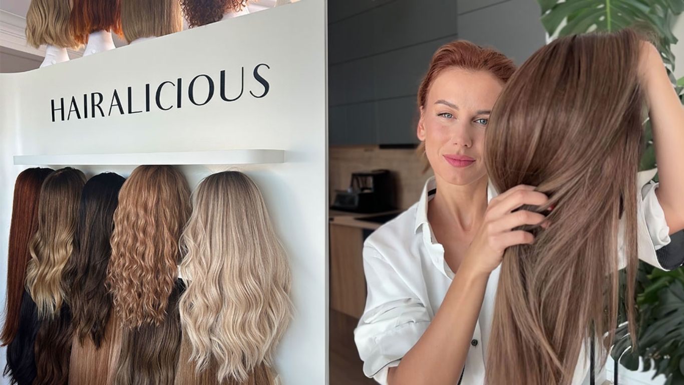 A display of natural hair wigs in different colors and textures at Hairalicious, with a woman holding a long brown wig.