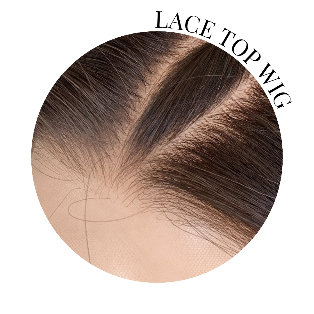 Close-up of silk top wig showing the parting area, illustrating wig cap construction designed to create a realistic scalp-like appearance.