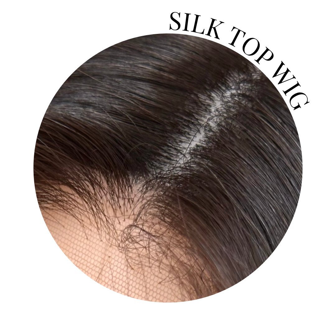 Close-up of lace top wig parting, showing wig cap construction with lace material that allows a natural hairline transition.