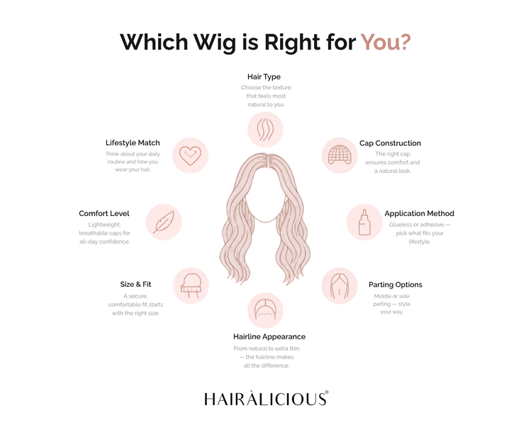 Infographic with a central illustrated wig and surrounding components for hair type, cap construction, application method, parting options, hairline appearance, size and fit, comfort level, and lifestyle match.