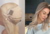 Side-by-side image showing wig cap construction: on the left, the inside view of an Extra Thin Hairline Glueless stretchy wig cap; on the right, a blonde wig worn on a model.