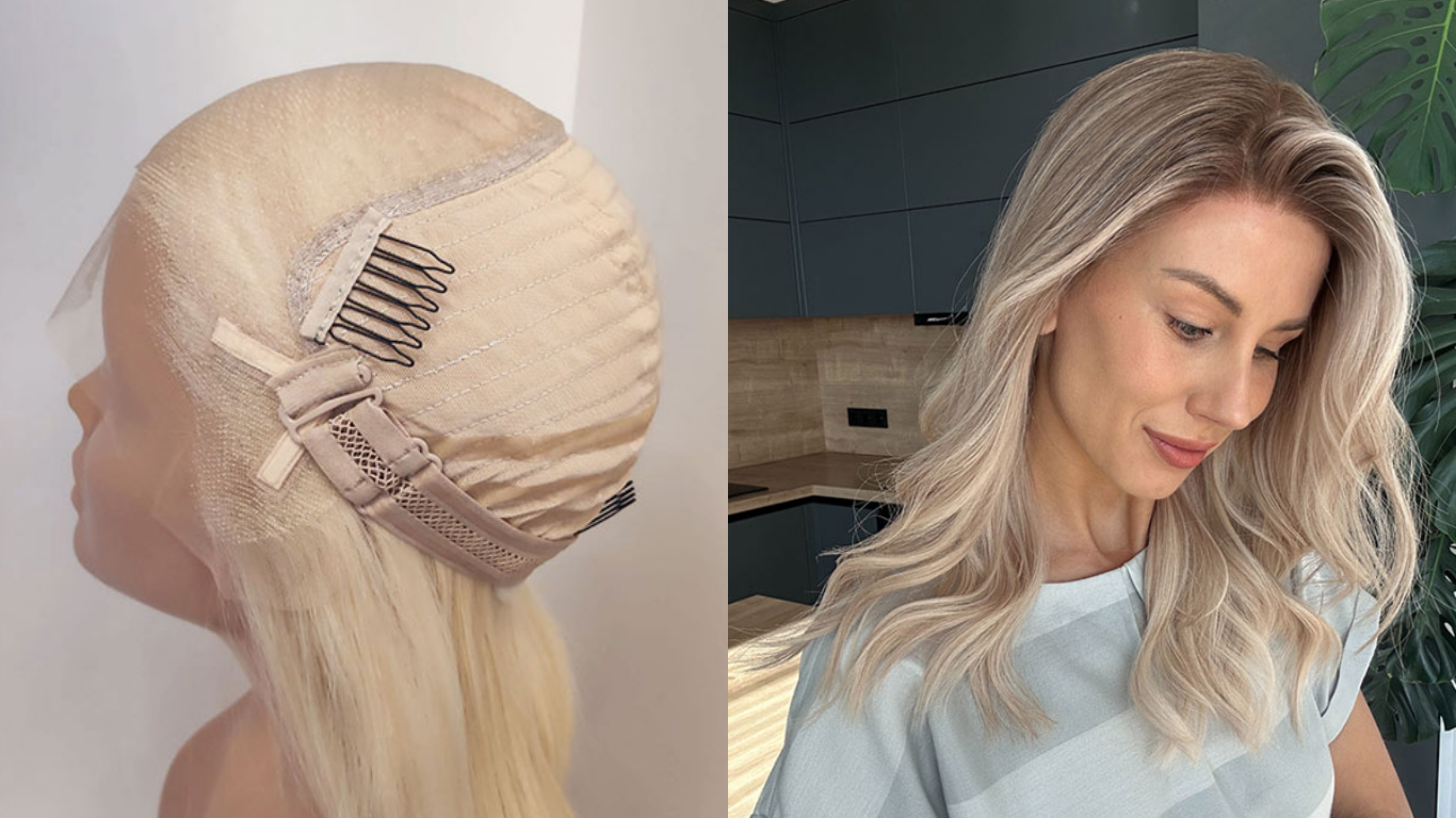 Side-by-side image showing wig cap construction: on the left, the inside view of an Extra Thin Hairline Glueless stretchy wig cap; on the right, a blonde wig worn on a model.