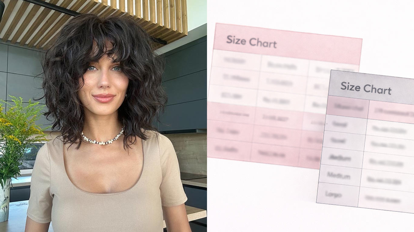 A woman wearing a wavy dark wig, with a wig size chart displayed on the right.